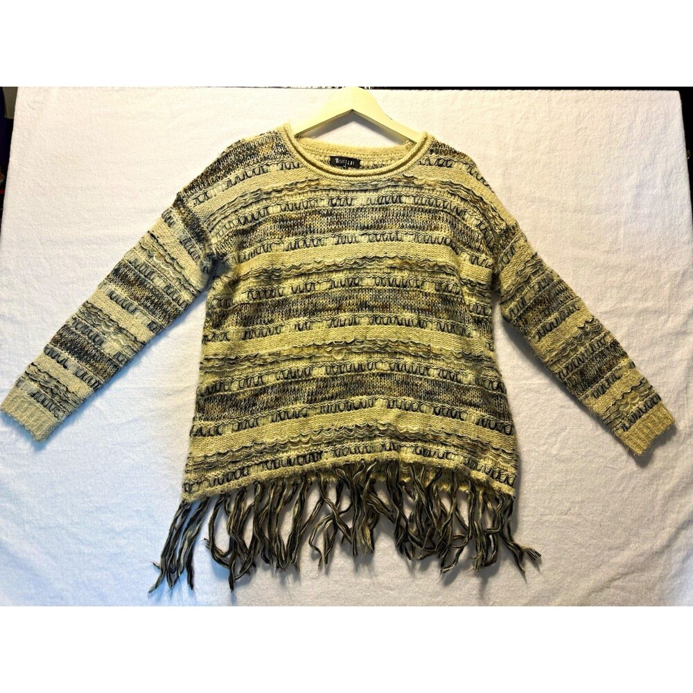 Sisters Women Beige Gray Striped Knit Crew Neck Fringe Hem Pullover Sweater M